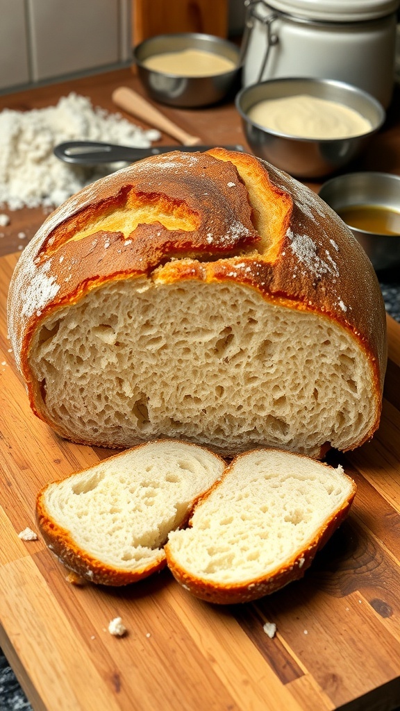 Artisan sourdough bread loaf with golden crust and airy crumb on a wooden cutting board.
